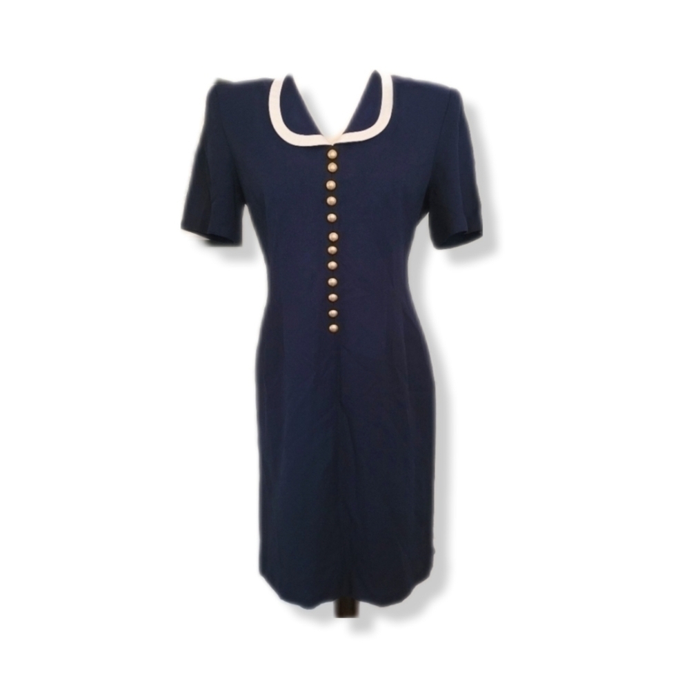 VINTAGE 80s Navy Button Down Collar  Secretary Nautical Dress Size 8